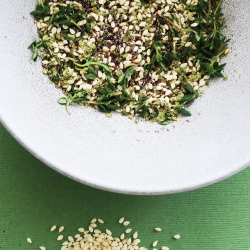 Zatar. A Middle Eastern spice blend with thyme, marjoram, sumac, salt and sesame seeds.
