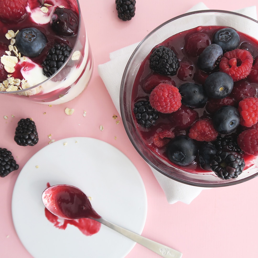 Triple berry sauce made with blackberries, blueberries and raspberries. Easy plant-based fruit sauce recipe.