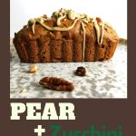 Pear and Zucchini Bread with Vanilla Pecan Drizzle on mottled gray plate.