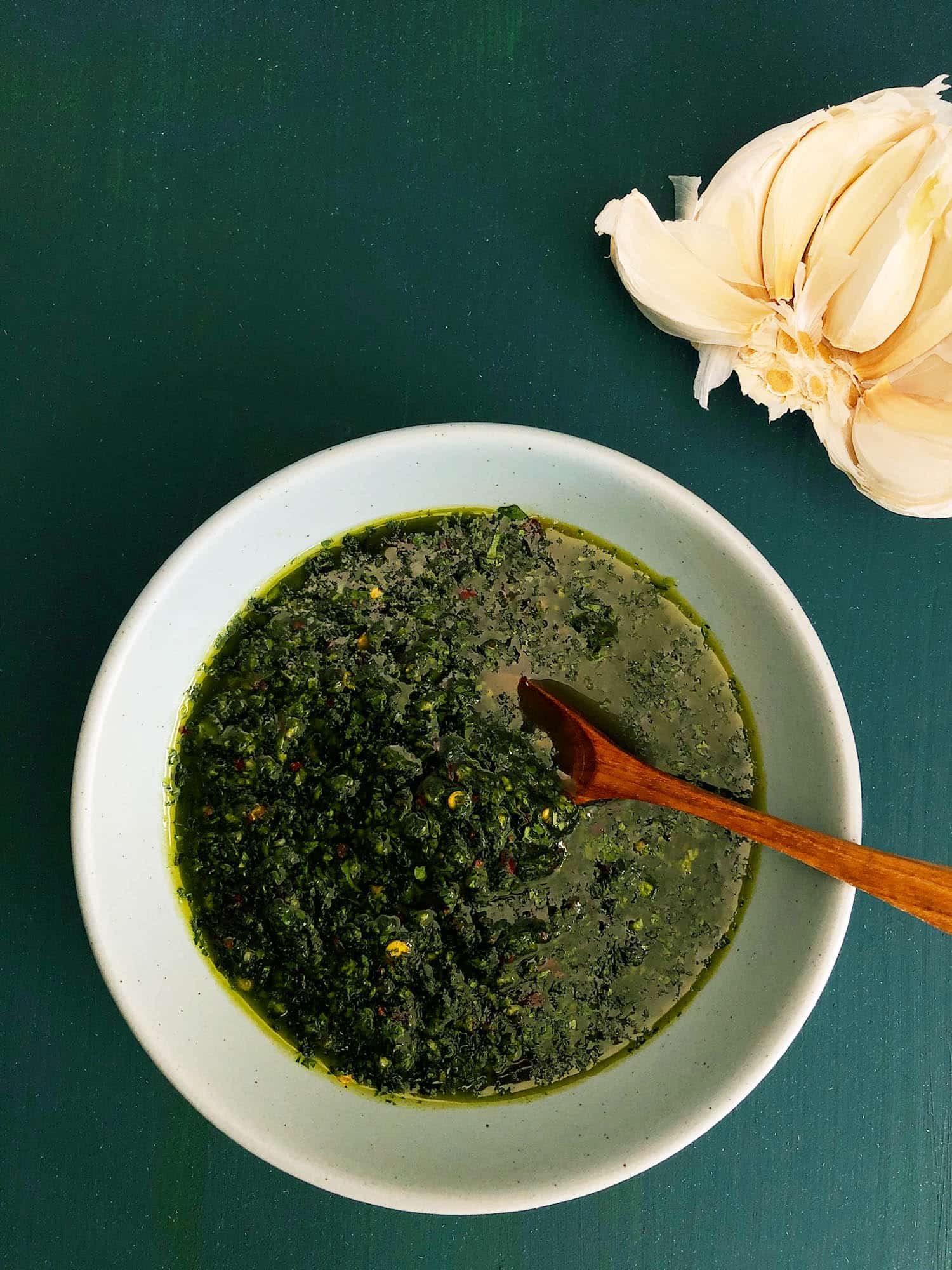 Top-down view of garlicky chimichurri