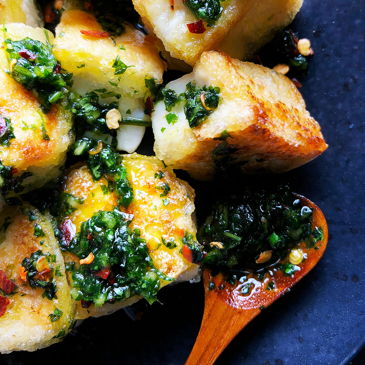 Close up of Garlicky Chimichurri with Salty Crispy Tofu