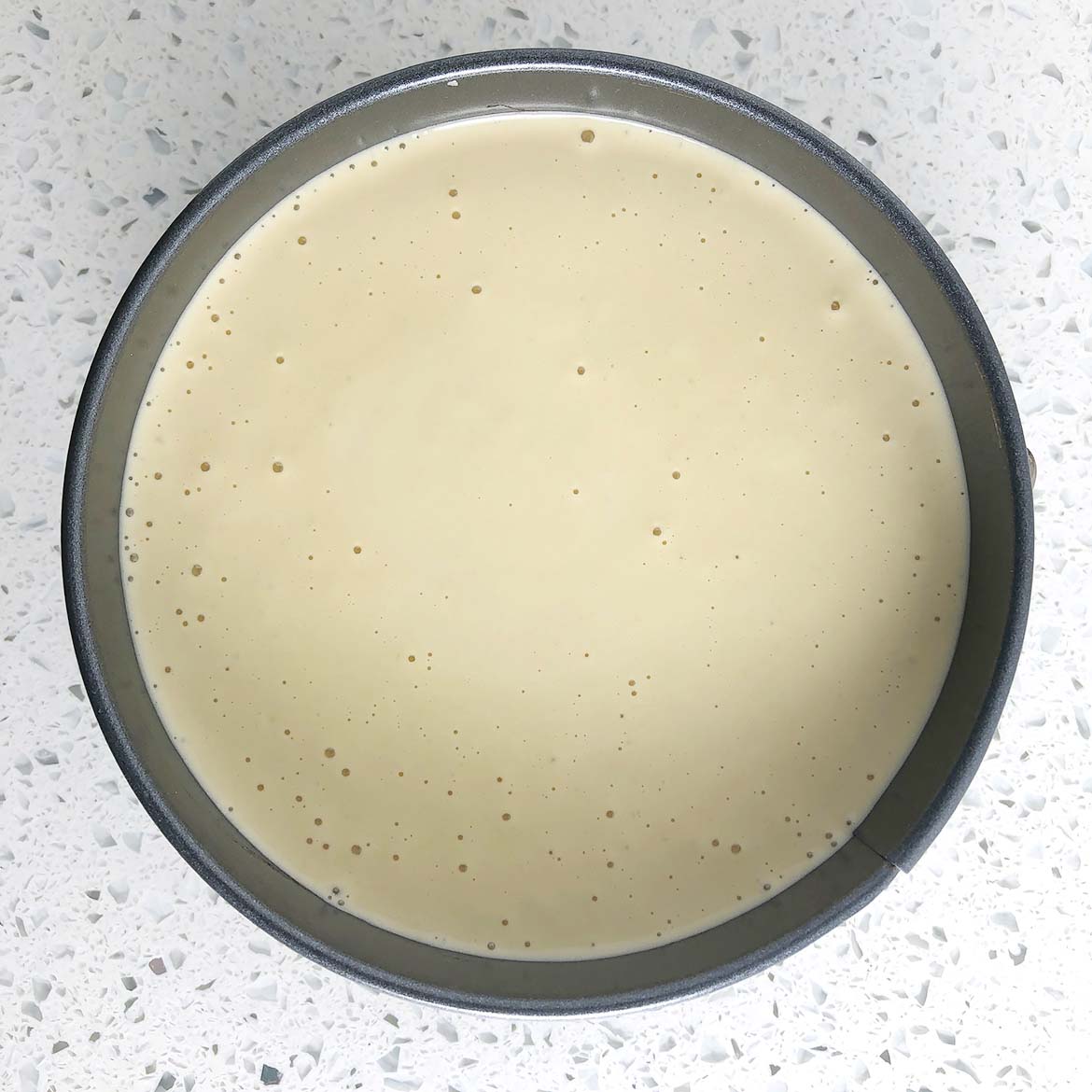Top-down view of batter for Savoury Vegan Cheese Spread in springform pan