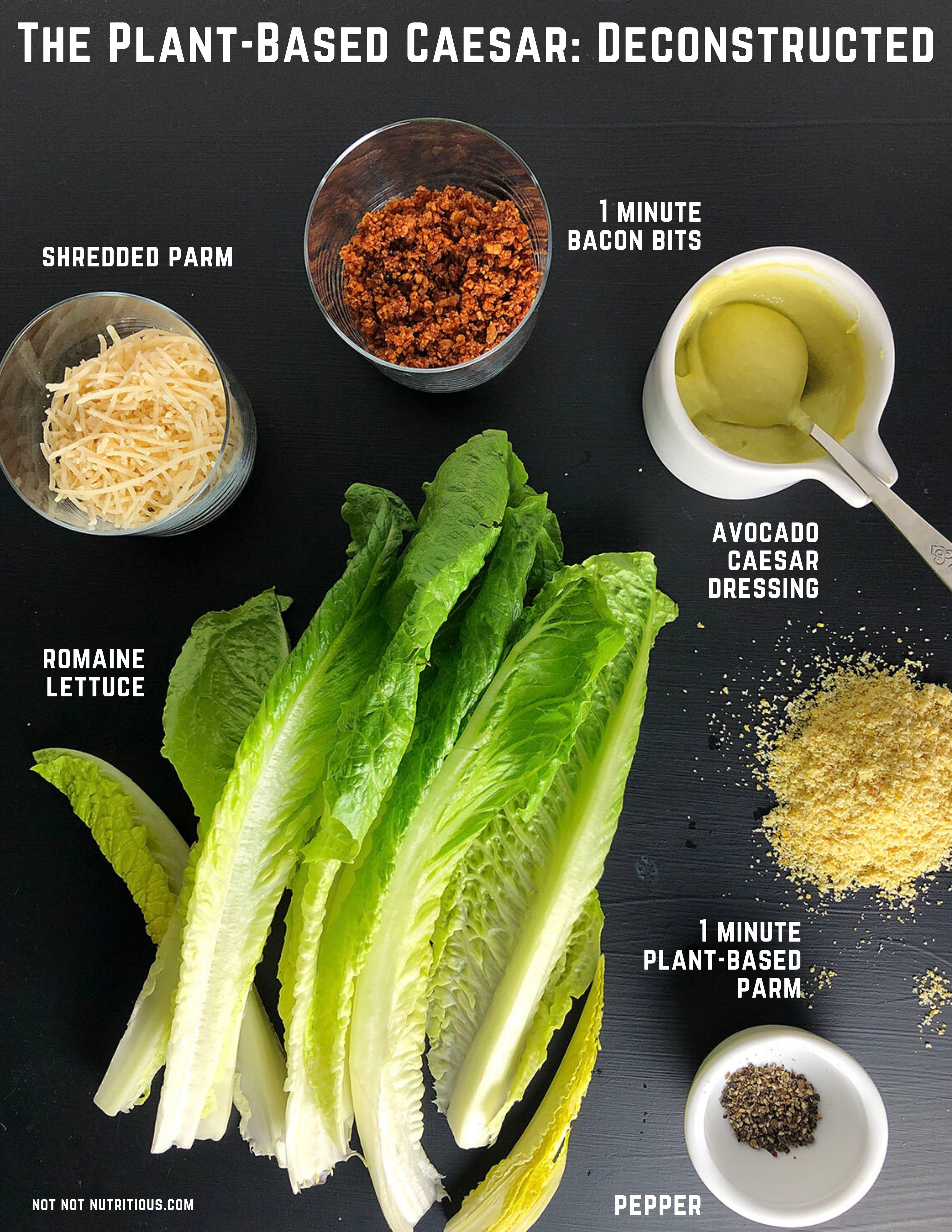 Ingredients for plant-based caesar salad: 1-minute bacon bits, avocado caesar dressing, 1 minute plant-based parmesan cheese, romaine lettuce, shredded vegan parmesan cheese