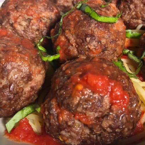 Top-down, close up view of Beyond Meat Meatballs