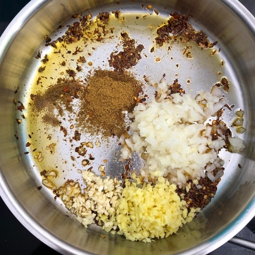 Step 2 - Add the remaining spices, except the salt. Step 2 for making 1-Pot Indian Red Lentils (dal)