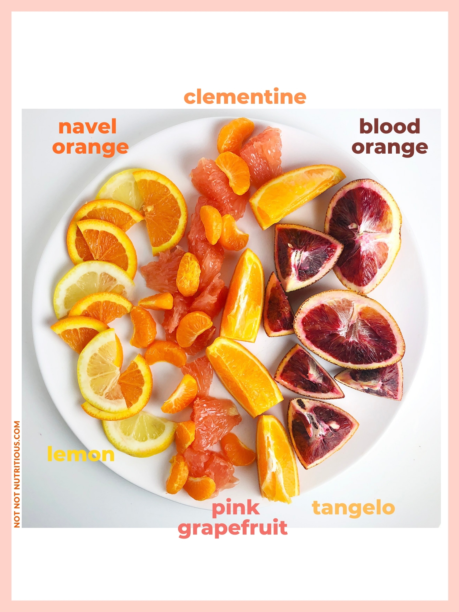 Infographic showing photo of different types of citrus on a white plate; clementine, blood orange, tangelo, pink grapefruit, lemon and navel orange