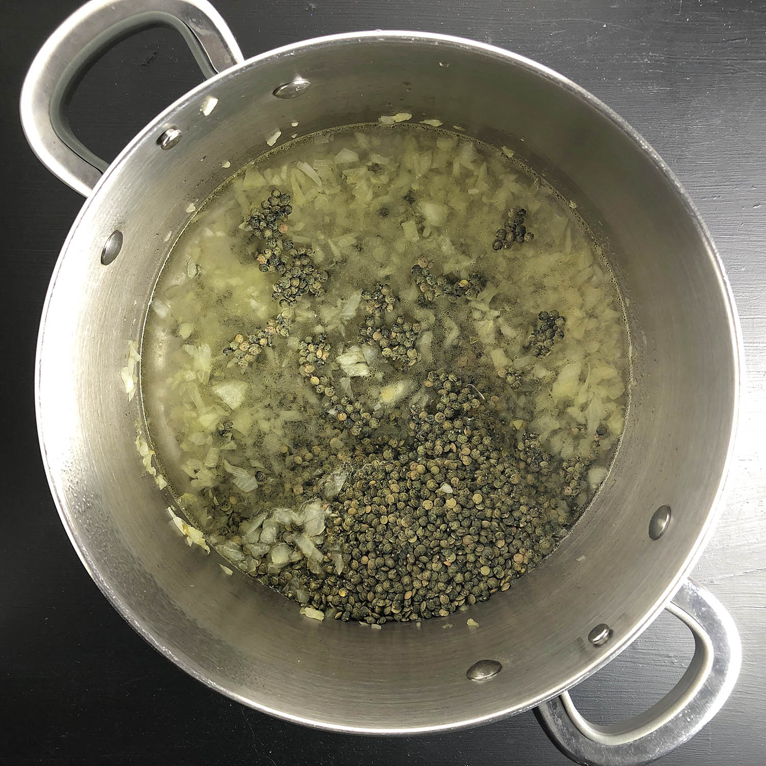 Making Lentil, Lemon, and Dill Soup. Stir in the lentils and water. Bring to a boil and then simmer.