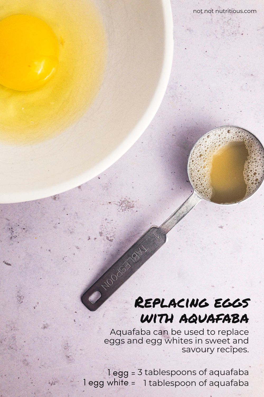Graphic: Replacing eggs with aquafaba. 1 egg equals 3 tablespoons; 1 egg white equals 1 tablespoon