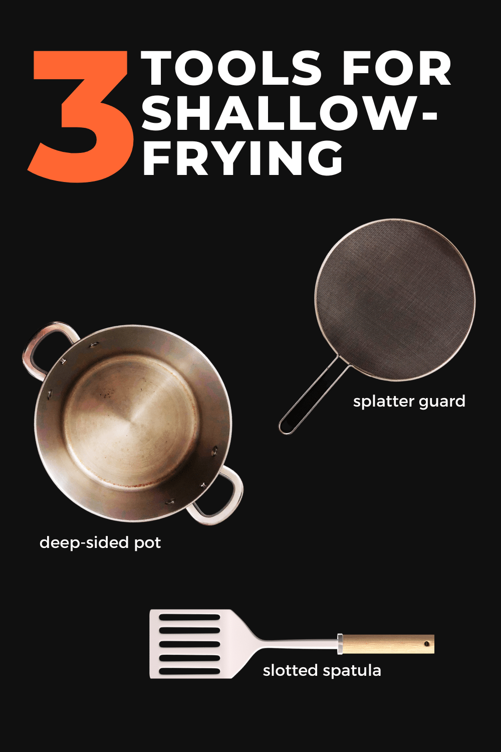 Graphic: 3 Tools for Shallow-Frying: A splatter guard for the pot, a deep-sided pot, a slotted spatula