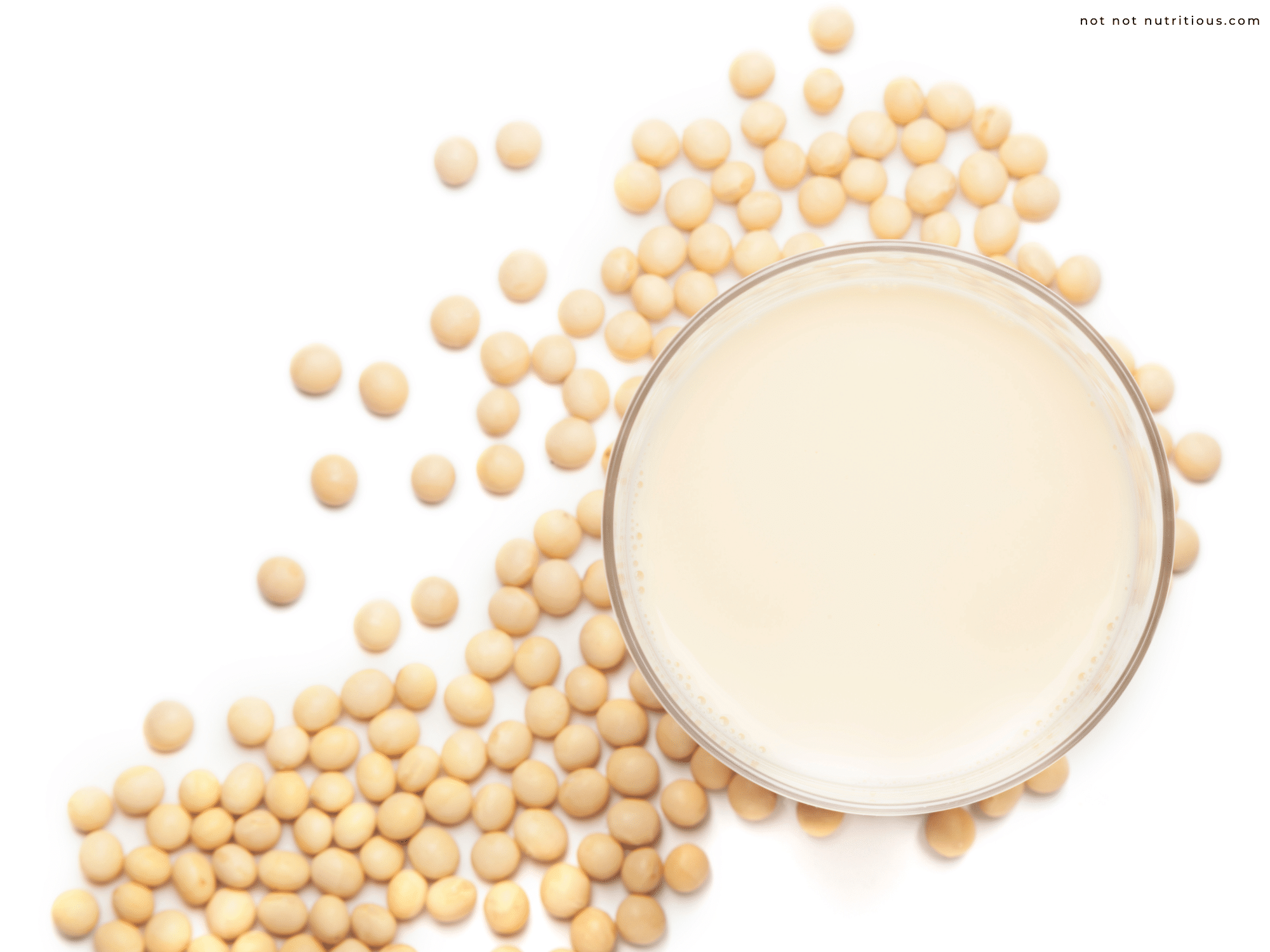top down view of a glass of soy milk and some soy beans