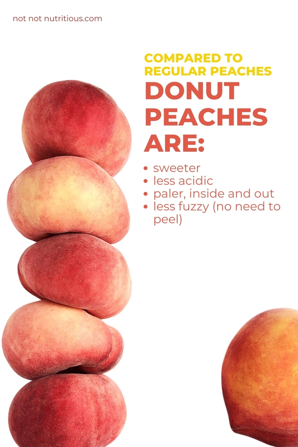 Infographic: Donut peaches versus regular peaches. Donut peaches are sweeter, less acidic, paler, inside and out, and less fuzzy so there is not need to peel them. 