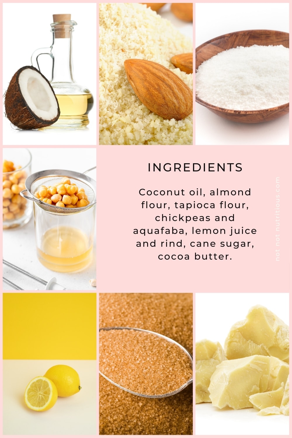 Infographic with ingredients for Baked Vegan Lemon Cheesecake: coconut oil, water, almond flour, tapioca flour, chickpeas, aquafaba, lemon juice and rind, cane sugar, cocoa butter.