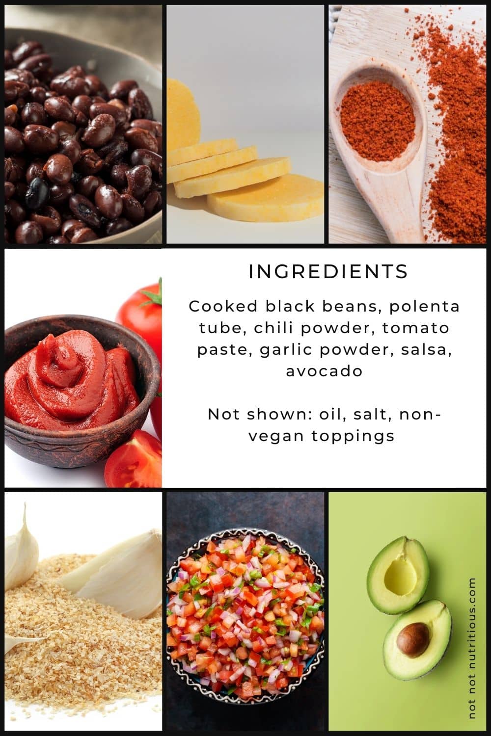 Ingredients for Black Beans and Polenta: cooked black beans, polenta roll, chilli powder, tomato paste, garlic powder, salsa, and avocado. 