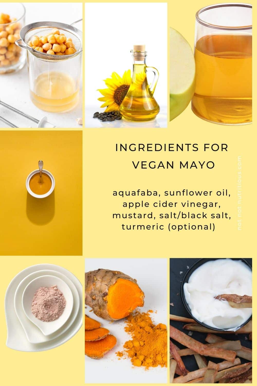 Infographic with ingredients for Vegan Mayonnaise: aquafaba, sunflower oil, apple cider vinegar, mustard, salt or black/salt, turmeric 