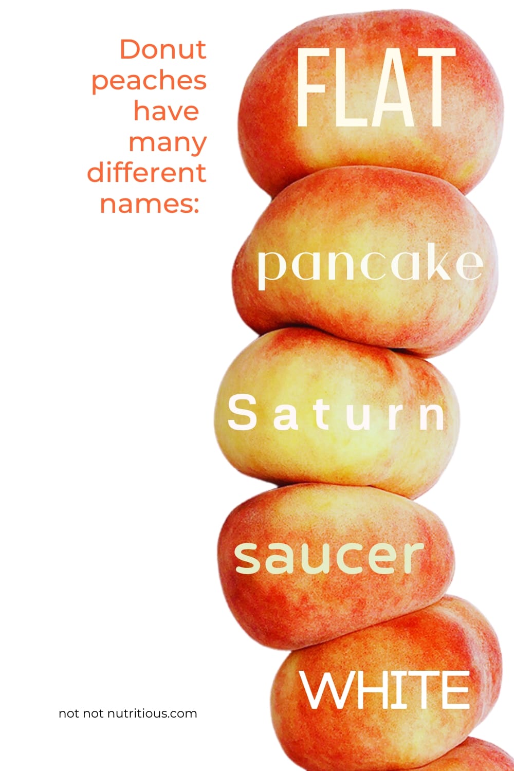Infographic with the different names for donut peaches: flat, pancake, saturn, saucer, white