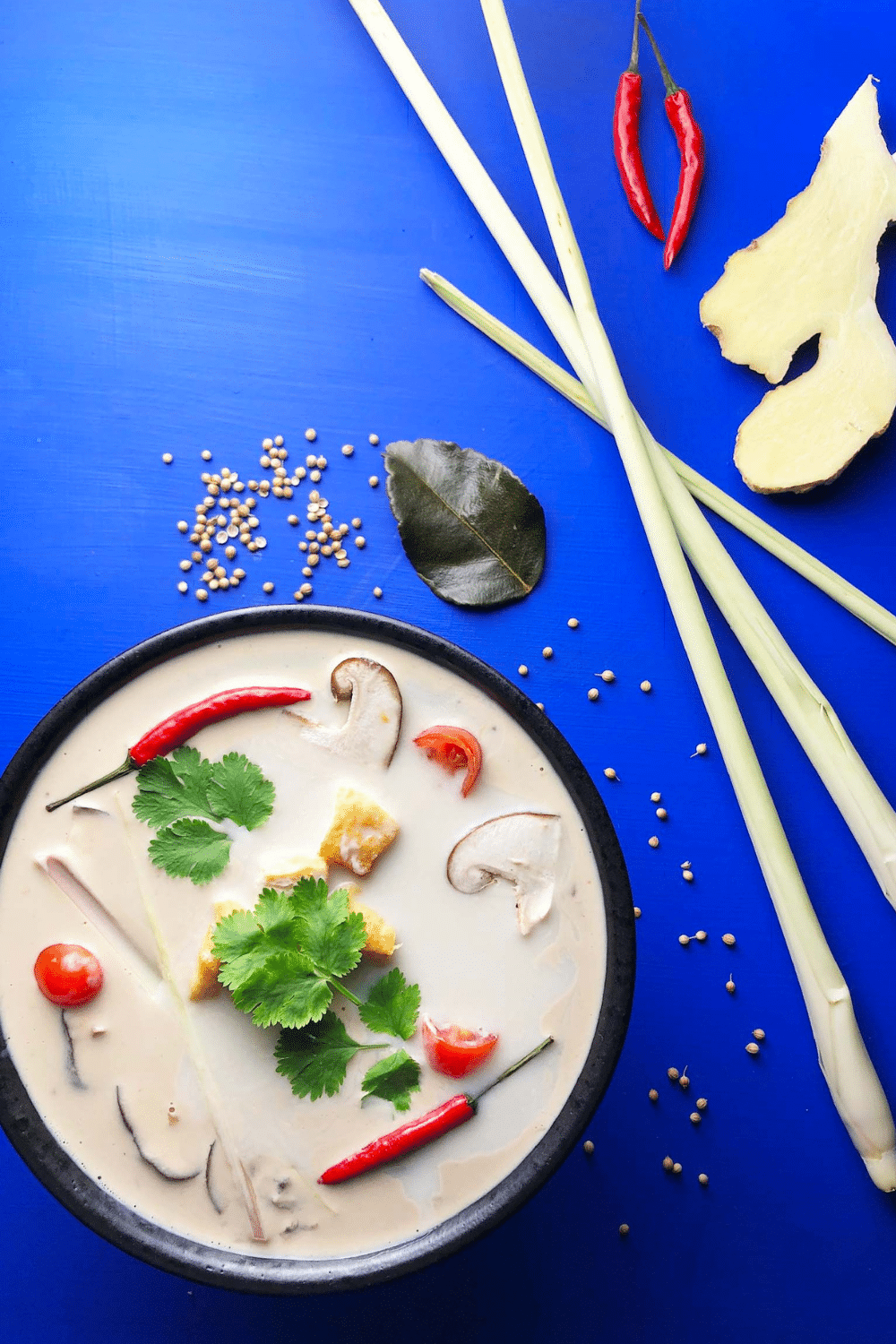 Top-down view of Tom Kha Soup in a black bowl against a bright blue background