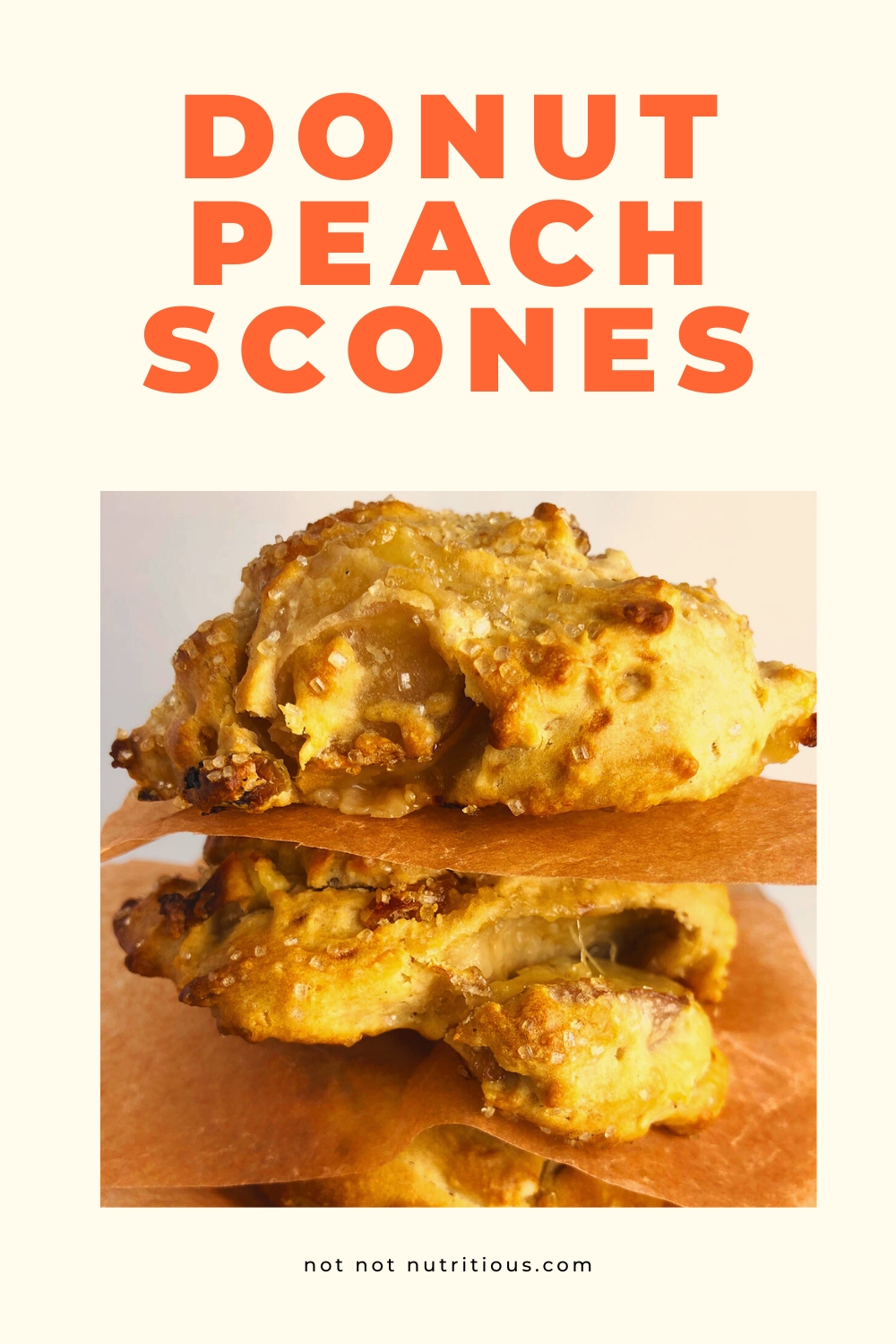 Pin for Donut Peach Scones, wide side-view of scones stacked between paper