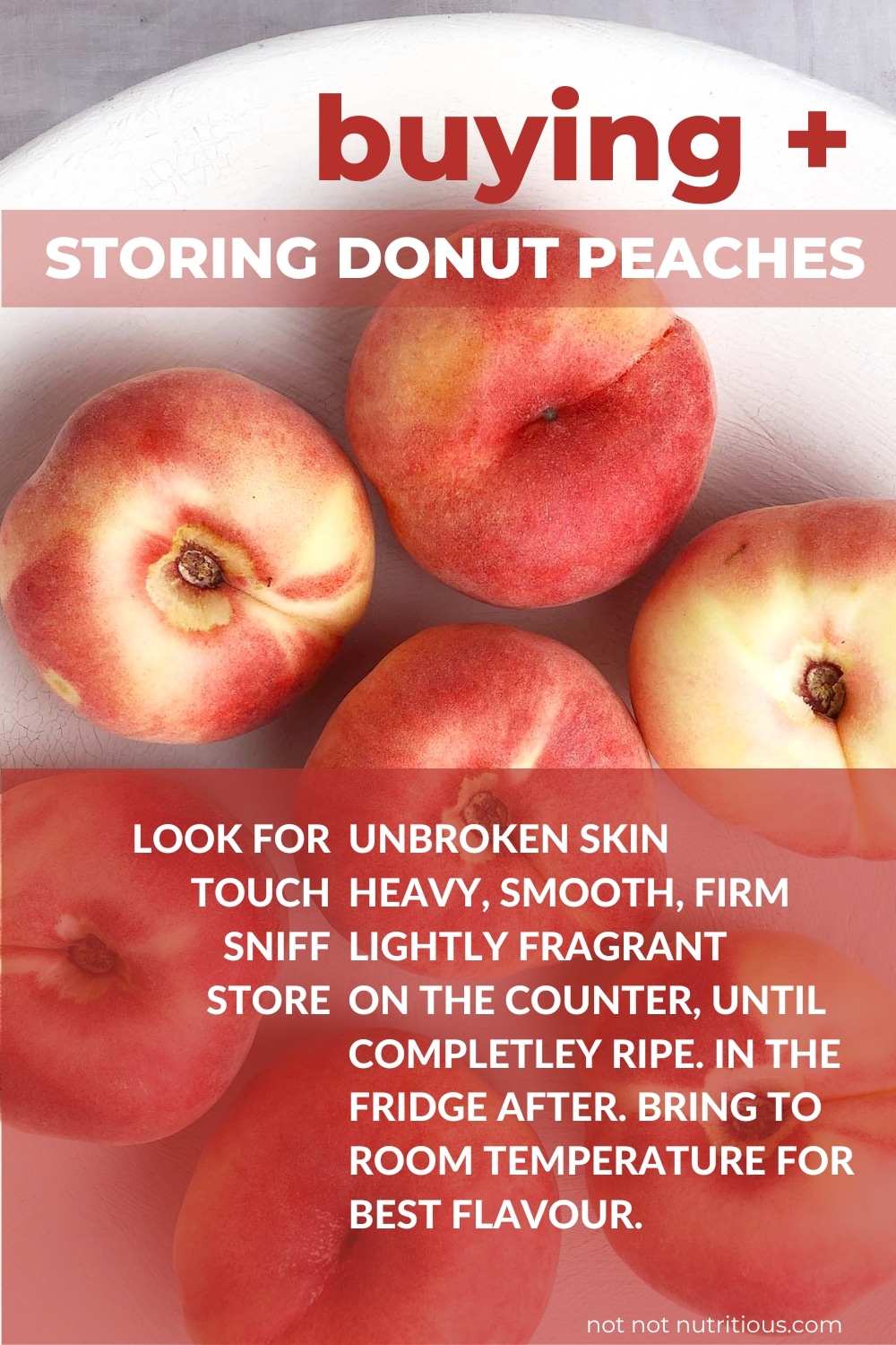 Infographic: Buying and storing peaches. Look for unbroken skin. They should be heavy, smooth, and firm to the touch. By sniff, they should be lightly fragrant. You should store peaches on the counter until completely ripe. Store in the fridge after but bring to room temperature before eating. 