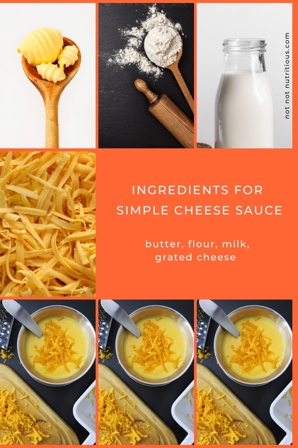 Ingredients: Simple Cheese Sauce. Butter, flour, milk, and grated cheese