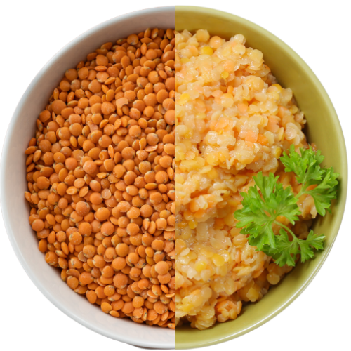 Top down of split bowl showing uncooked red lentils on one side and cooked red lentils on the other