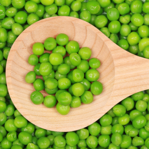Top down, close up view of green peas on a wooden spoon
