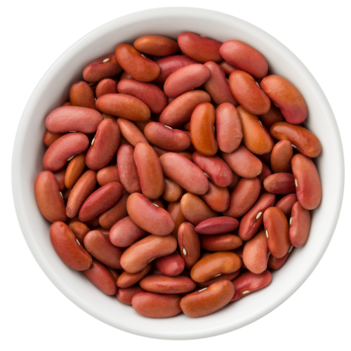 Top down view of uncooked kidney beans in a white bowl