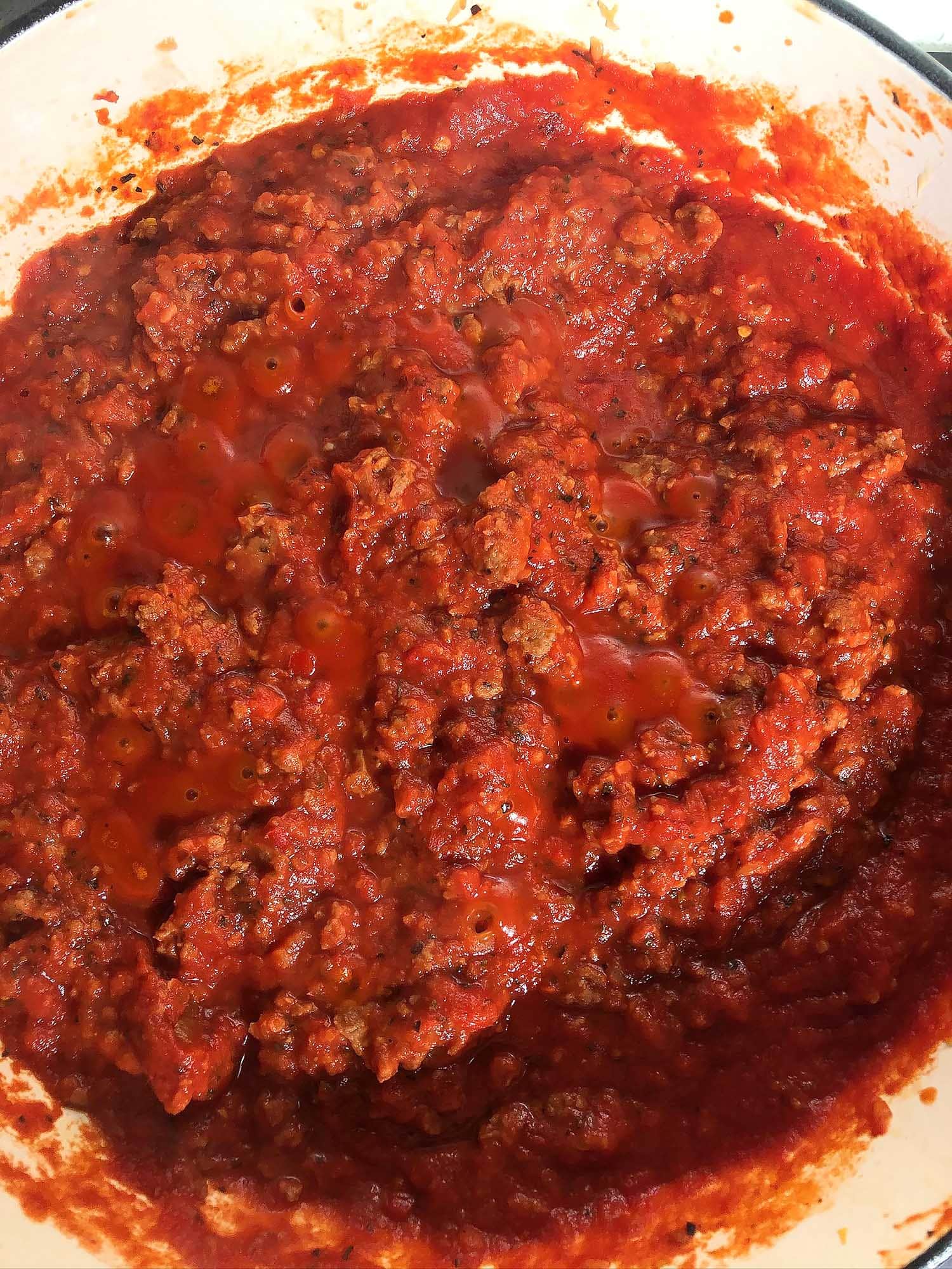 Top-down view of Beyond Meat Spaghetti Sauce, simmering on stove