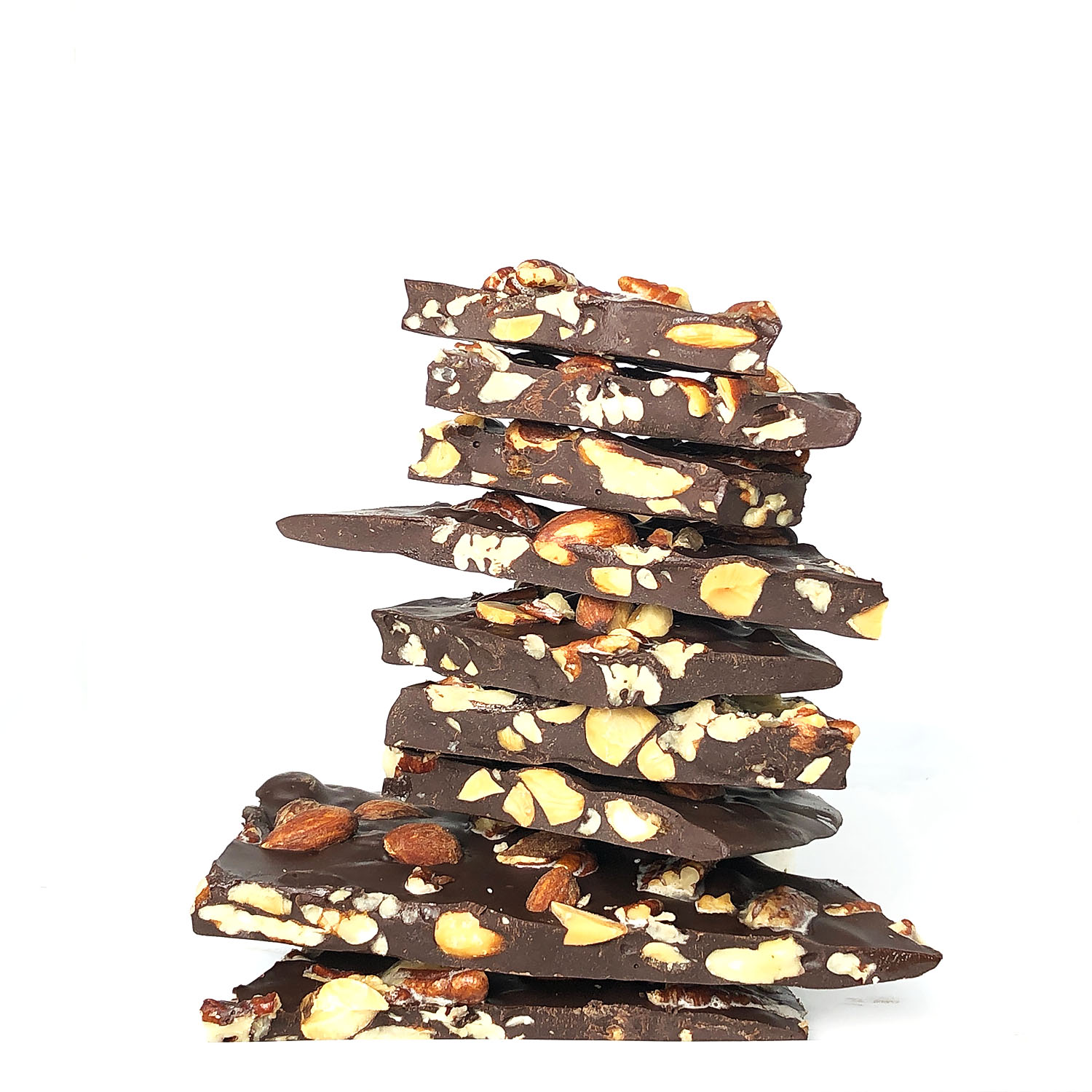 Stack of Dark Chocolate Bark against a white background 
