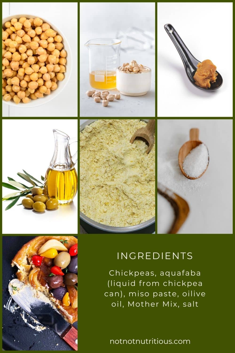 Ingredients for Savoury Vegan Cheese Spread: chickpeas, aquafaba, miso paste, olive oil, Mother Mix, salt