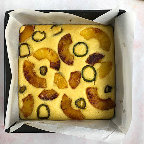 Top-down view of baked Pineapple Jalapeno Cornbread.