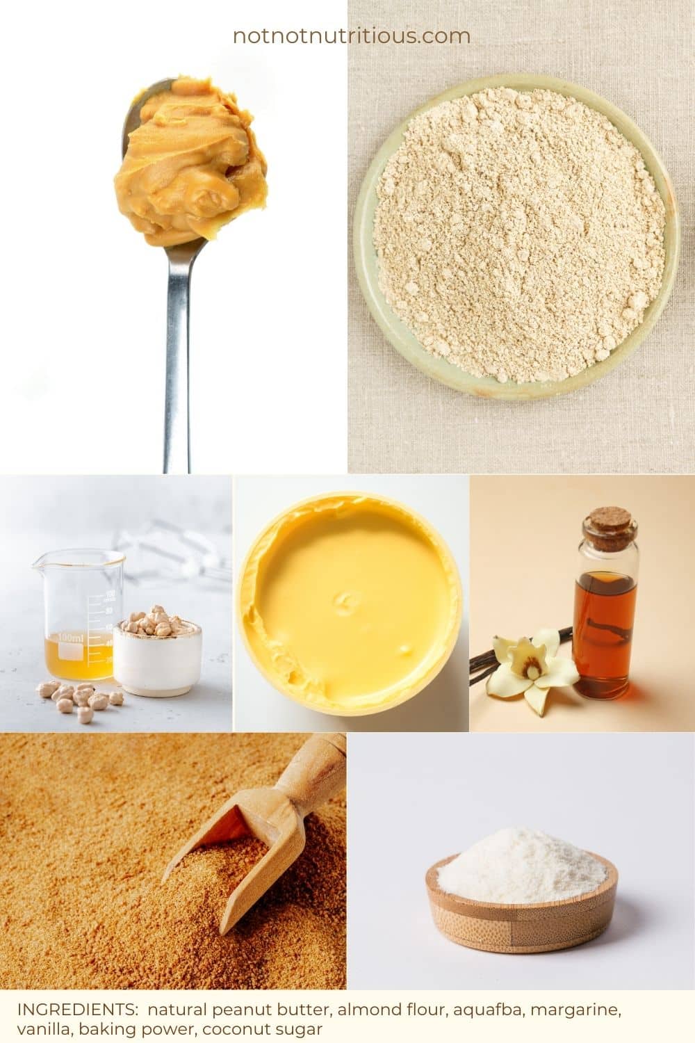 Ingredients of 1-Bowl Peanut Butter Cookies: natural peanut butter, almond flour, aquafaba, margarine, vanilla, coconut sugar, baking powder