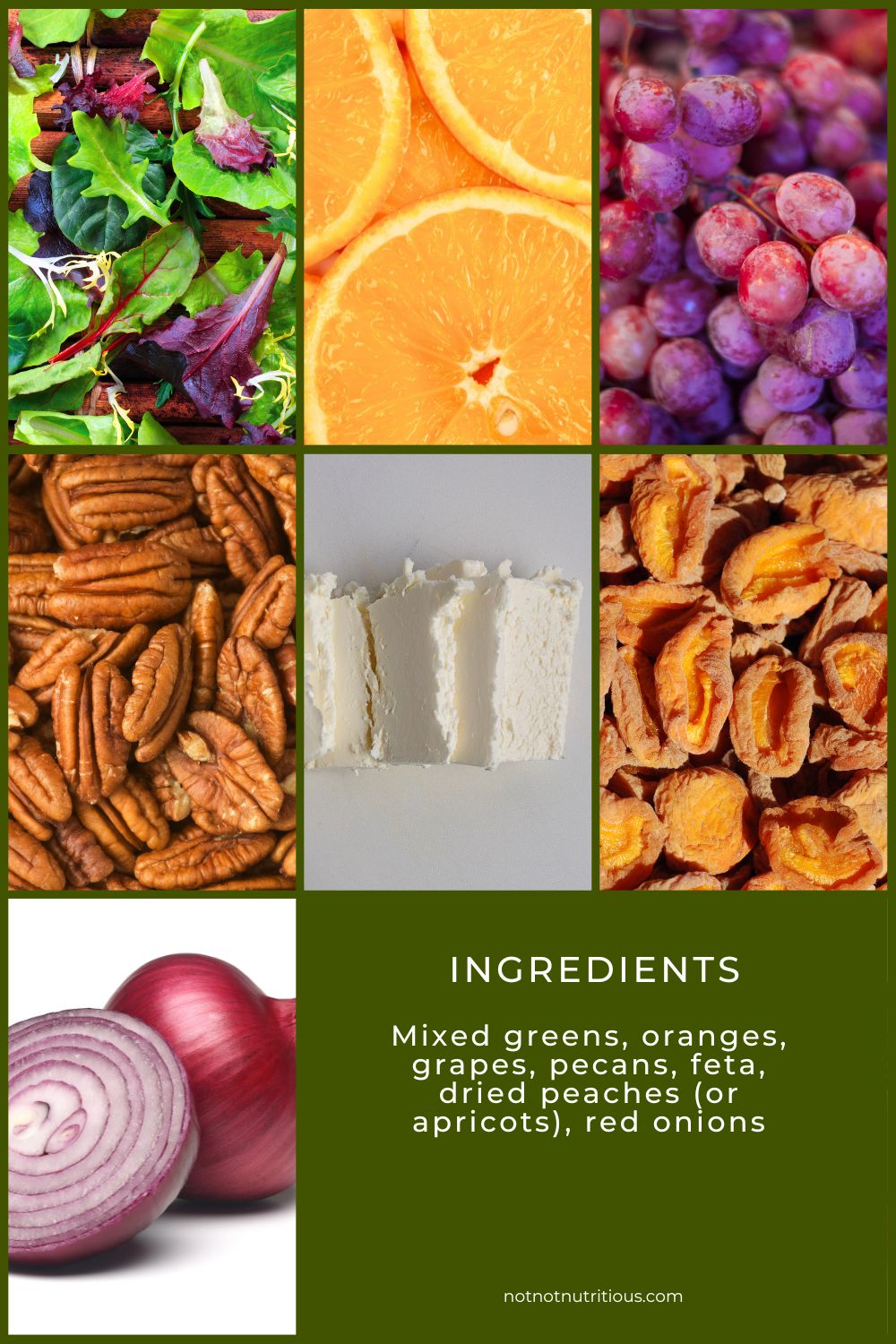 Ingredients for Fruit, Nut, and Feta Salad, including mixed greens, orange slices, grapes, pecans, feta (dairy or plant-based) and dried peaches (or apricots)