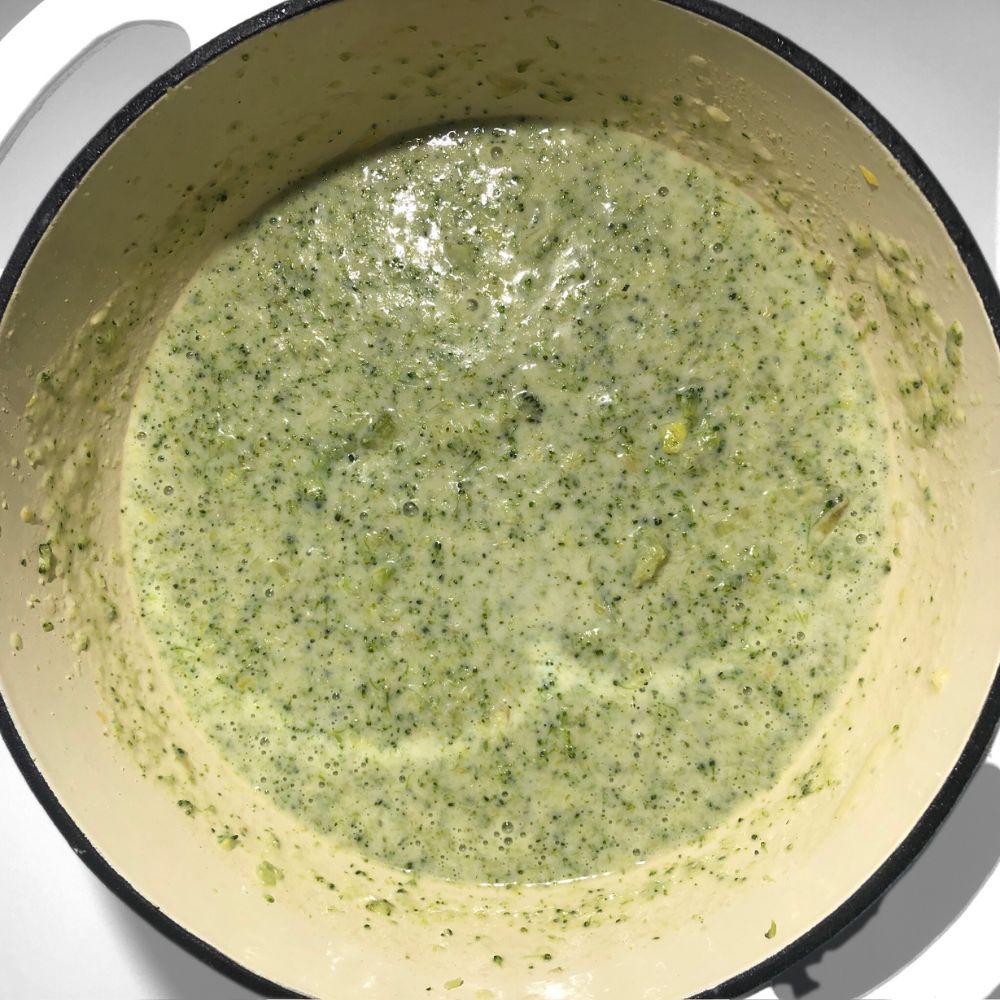 Top-down view of blended Lemony Leek and Broccoli Soup