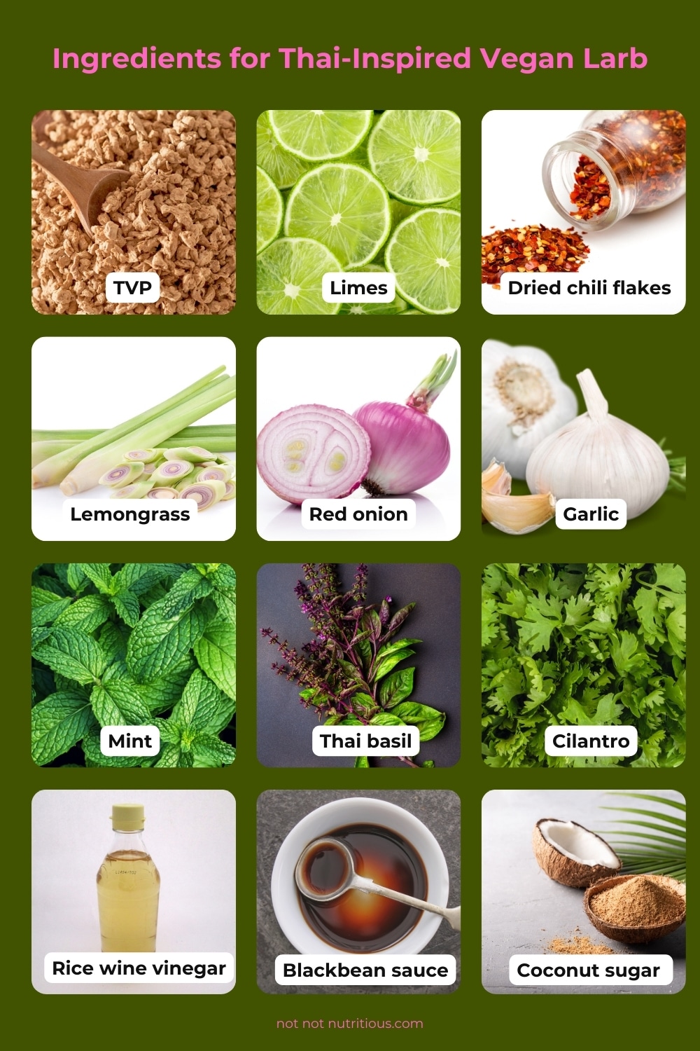 Ingredient list for Thai-Inspired Vegan Larb: TVP, limes and juice, dried chili flakes, lemongrass, shallot, garlic, mint, Thai basil, cilantro, rice vinegar, Blackbean sauce, coconut sugar
