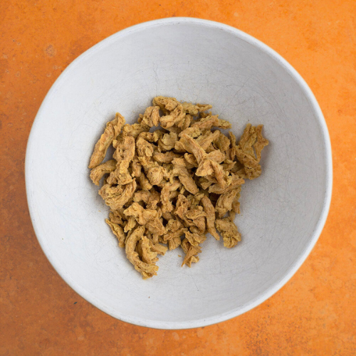 Top-down view of soy curls before rehydration
