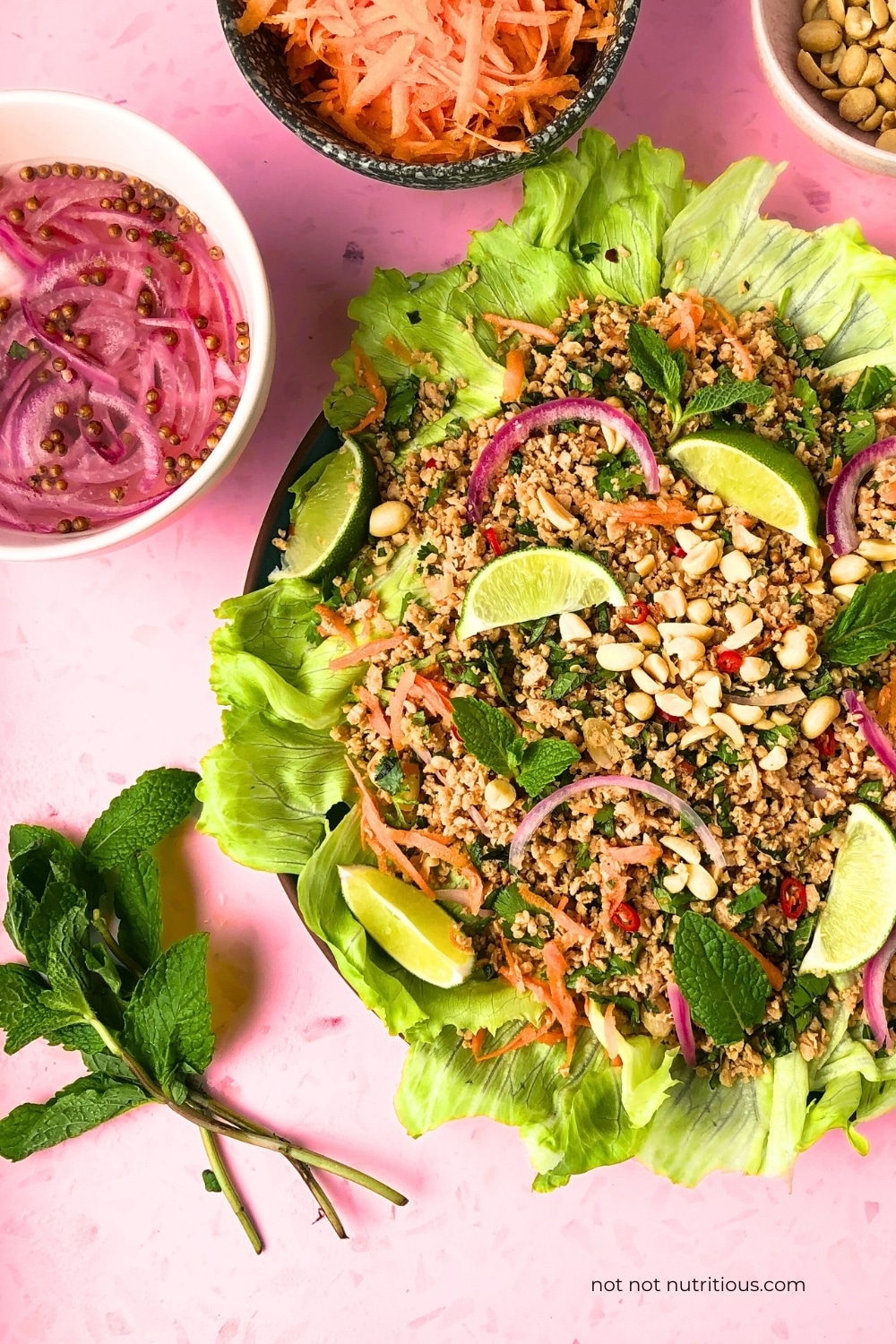 Thai-Inspired Vegan Larb, over lettuce, garnished with limes, mint, pickled shallots
